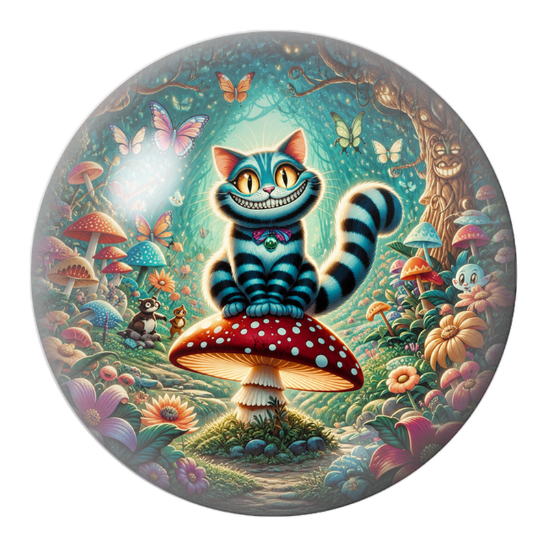Cabochon en Verre Illustré Chat du Cheshire sur le Champignon Rouge 12 à 25mm