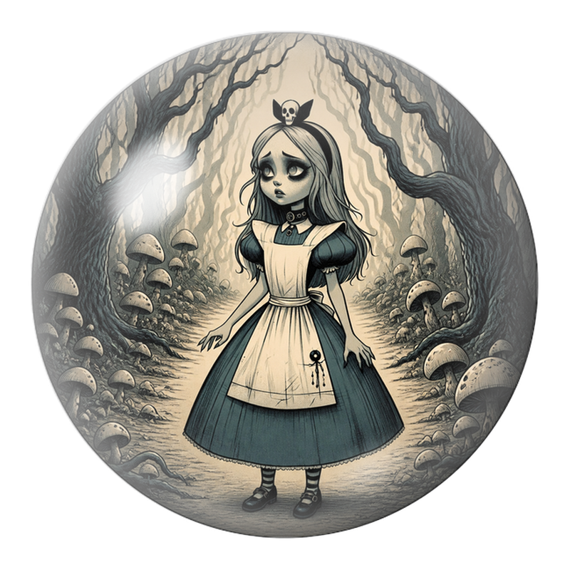 Cabochon en Verre Illustré Alice Inquiète dans la Forêt de Champignons 12 à 25mm