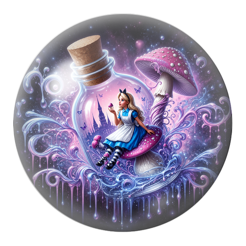 Cabochon en Verre Illustré Alice dans la Fiole aux Champignons Roses 12 à 25mm