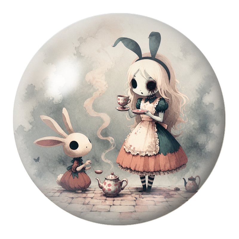 Cabochon en Verre Illustré Alice Sombre au Thé avec le Lapin 12 à 25mm