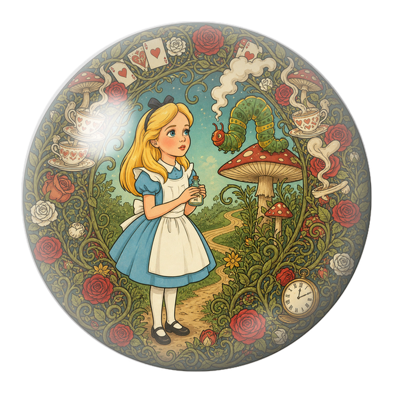 Cabochon en Verre Illustré Alice face à la Chenille sur le Champignon 12 à 25mm