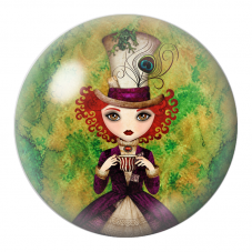 Cabochon en Verre Illustré Chapelière Rousse au Thé sur Fond Vert 12 à 25mm pour la Création de Bijoux Fantaisie - DIY