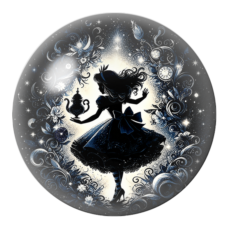 Cabochon en Verre Illustré Silhouette d’Alice à la Théière Nocturne 12 à 25mm