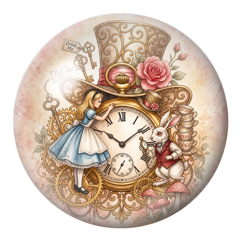 Cabochon en Verre Illustré Alice et le Lapin Blanc dans les Rouages 12 à 25mm