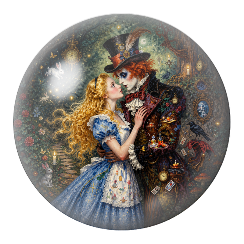 Cabochon en Verre Illustré Alice et le Chapelier dans la Forêt des Horloges 12 à 25mm