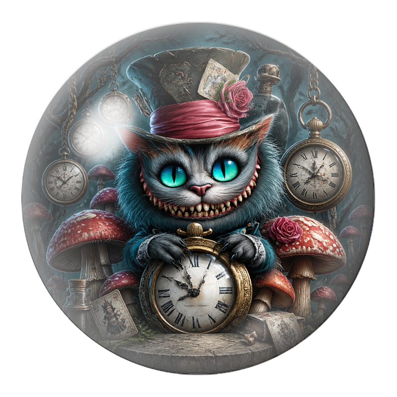 Cabochon en Verre Illustré Chat du Cheshire aux Horloges et Champignons 12 à 25mm