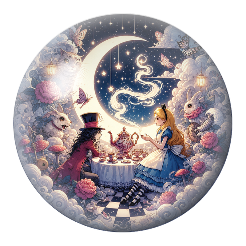 Cabochon en Verre Illustré Goûter d’Alice sous le Croissant de Lune 12 à 25mm
