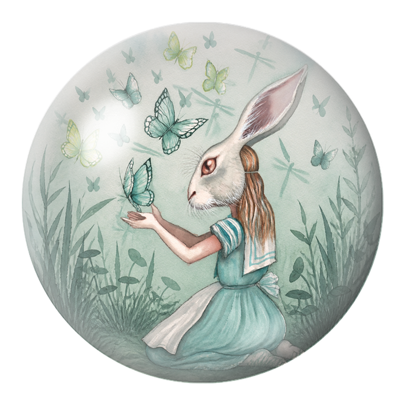 Cabochon en Verre Illustré Alice Lapine aux Papillons 12 à 25mm