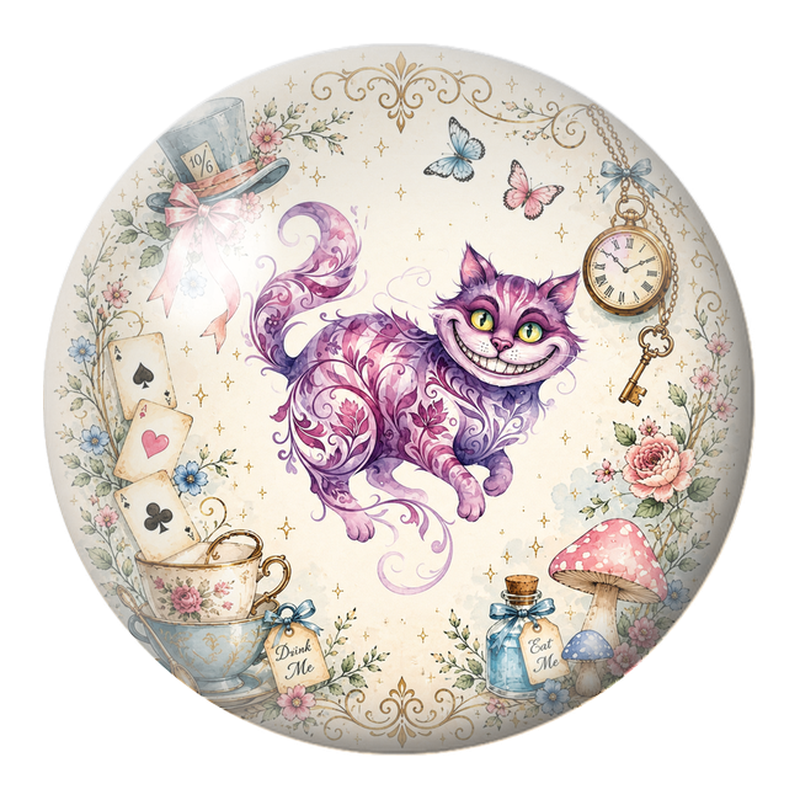 Cabochon en Verre Illustré Chat du Cheshire Fleuri aux Souvenirs d’Alice 12 à 25mm