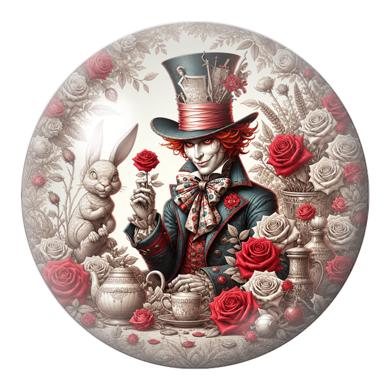 Cabochon en Verre Illustré Chapelier aux Roses Rouges et au Lapin 12 à 25mm