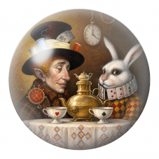 Cabochon en Verre Illustré Chapelier et Lapin Blanc au Samovar 12 à 25mm pour la Création de Bijoux Fantaisie - DIY