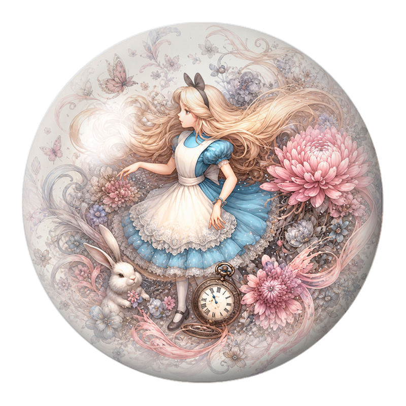 Cabochon en Verre Illustré Alice parmi les Chrysanthèmes Pastel 12 à 25mm