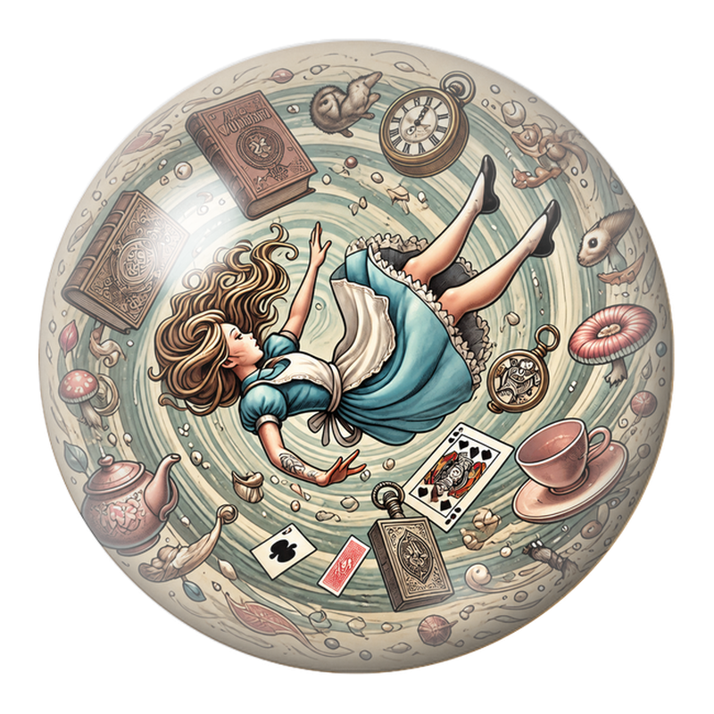 Cabochon en Verre Illustré Chute d’Alice dans le Tourbillon du Temps 12 à 25mm