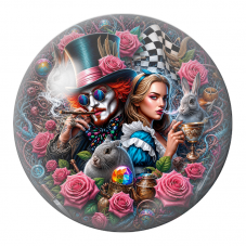 Cabochon en Verre Illustré Alice et le Chapelier aux Lapins et Roses 12 à 25mm pour la Création de Bijoux Fantaisie - DIY