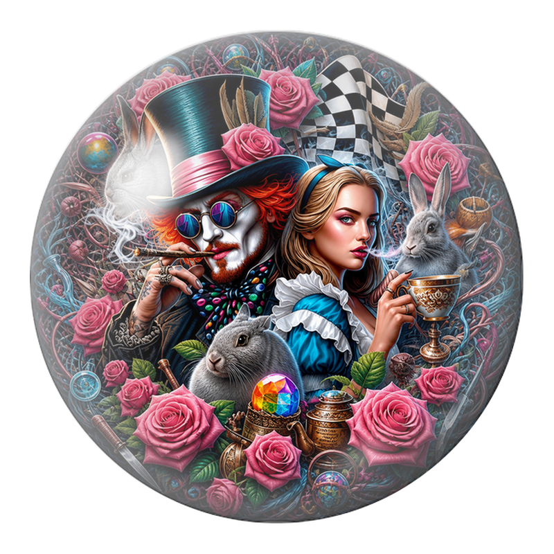 Cabochon en Verre Illustré Alice et le Chapelier aux Lapins et Roses 12 à 25mm