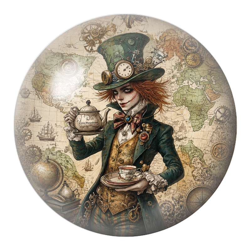 Cabochon en Verre Illustré Chapelier Voyageur à la Carte du Monde 12 à 25mm