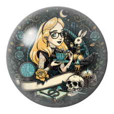 Cabochon en Verre Illustré Alice Gothique à la Tasse avec le Lapin 12 à 25mm pour la Création de Bijoux Fantaisie - DIY