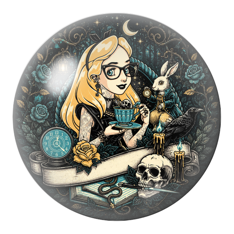 Cabochon en Verre Illustré Alice Gothique à la Tasse avec le Lapin 12 à 25mm