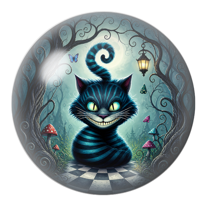 Cabochon en Verre Illustré Chat du Cheshire Bleu sur le Damier 12 à 25mm