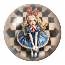 Cabochon en Verre Illustré Alice au Grand Nœud Rouge sur le Damier 12 à 25mm pour la Création de Bijoux Fantaisie - DIY