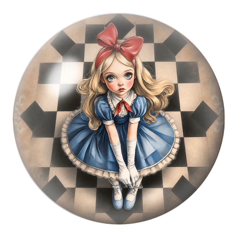 Cabochon en Verre Illustré Alice au Grand Nœud Rouge sur le Damier 12 à 25mm