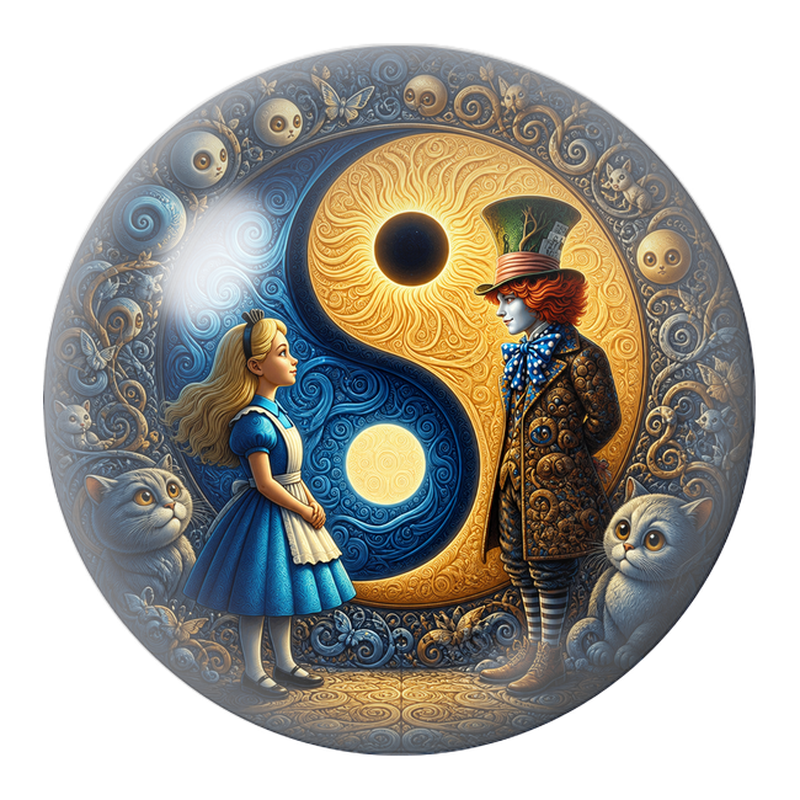 Cabochon en Verre Illustré Alice et le Chapelier devant le Yin Yang 12 à 25mm