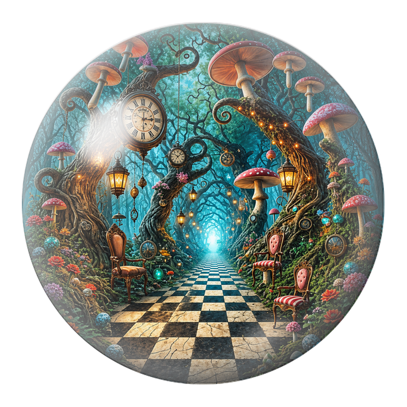 Cabochon en Verre Illustré Chemin des Horloges et Champignons 12 à 25mm