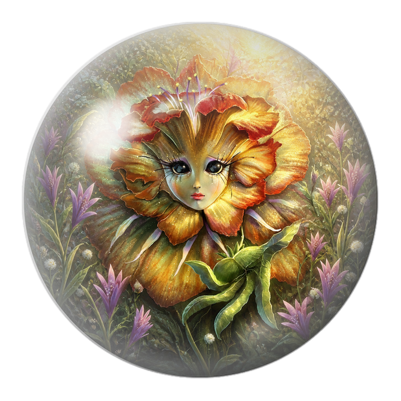 Cabochon en Verre Illustré Fleur Fée Dorée au Visage Délicat 12 à 25mm