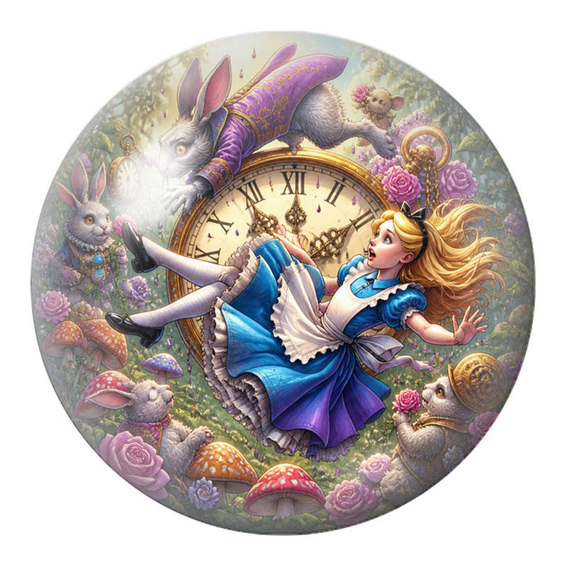 Cabochon en Verre Illustré Chute d’Alice devant l’Horloge Géante 12 à 25mm