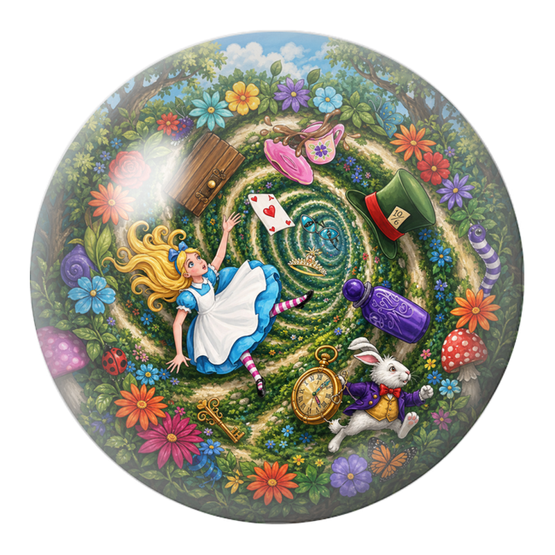 Cabochon en Verre Illustré Chute d’Alice dans le Labyrinthe Fleuri 12 à 25mm