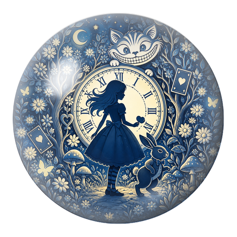 Cabochon en Verre Illustré Silhouettes d’Alice et du Lapin devant l’Horloge 12 à 25mm