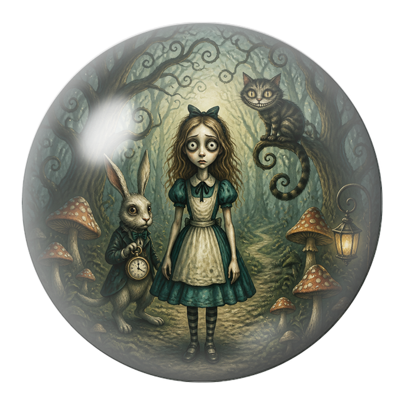 Cabochon en Verre Illustré Alice Perdue avec le Lapin et le Chat 12 à 25mm