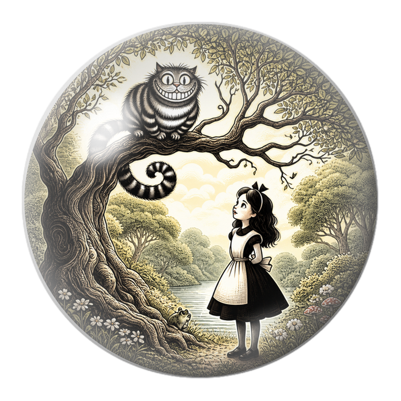 Cabochon en Verre Illustré Alice sous le Chat du Cheshire en Gravure 12 à 25mm