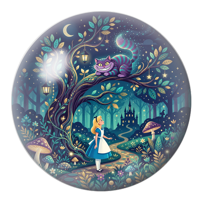 Cabochon en Verre Illustré Alice sur le Chemin du Chat du Cheshire 12 à 25mm