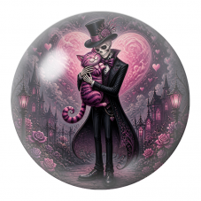 Cabochon en Verre Illustré Squelette Chapelier Enlaçant le Chat Rose 12 à 25mm pour la Création de Bijoux Fantaisie - DIY