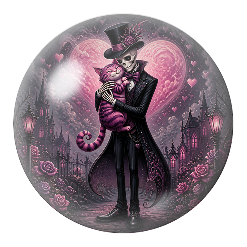 Cabochon en Verre Illustré Squelette Chapelier Enlaçant le Chat Rose 12 à 25mm