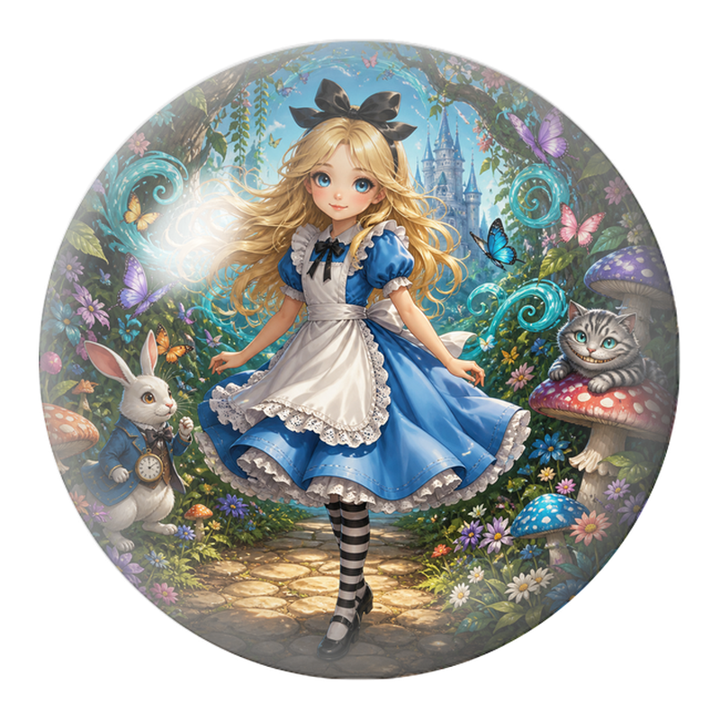 Cabochon en Verre Illustré Alice sur le Sentier du Lapin et du Chat 12 à 25mm