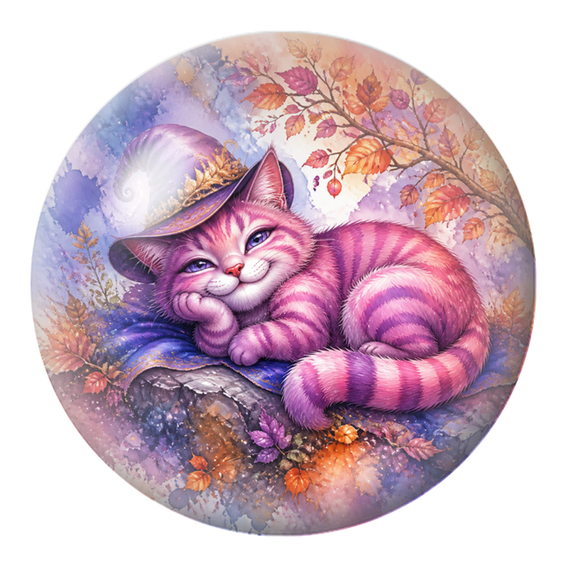 Cabochon en Verre Illustré Chat du Cheshire Rose au Chapeau d’Automne 12 à 25mm