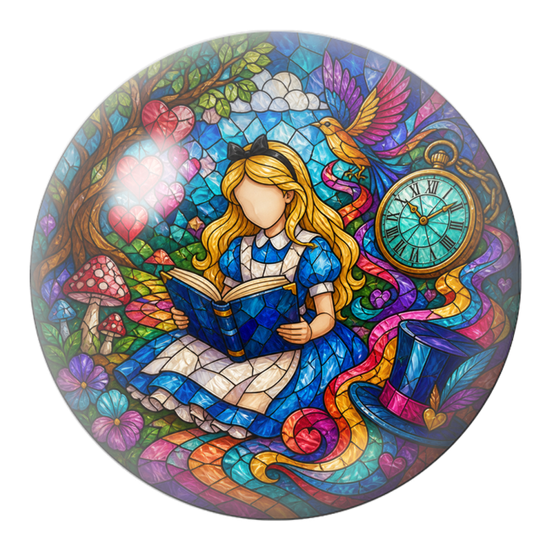 Cabochon en Verre Illustré Alice Lisant en Vitrail Coloré 12 à 25mm