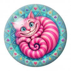 Cabochon en Verre Illustré Chat du Cheshire Rose sur Mandala Turquoise 12 à 25mm pour la Création de Bijoux Fantaisie - DIY