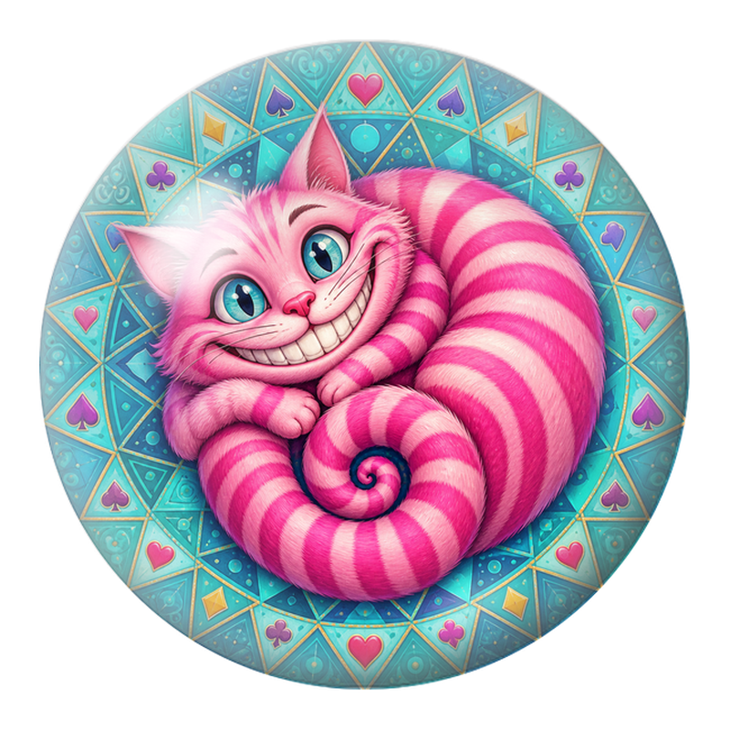 Cabochon en Verre Illustré Chat du Cheshire Rose sur Mandala Turquoise 12 à 25mm