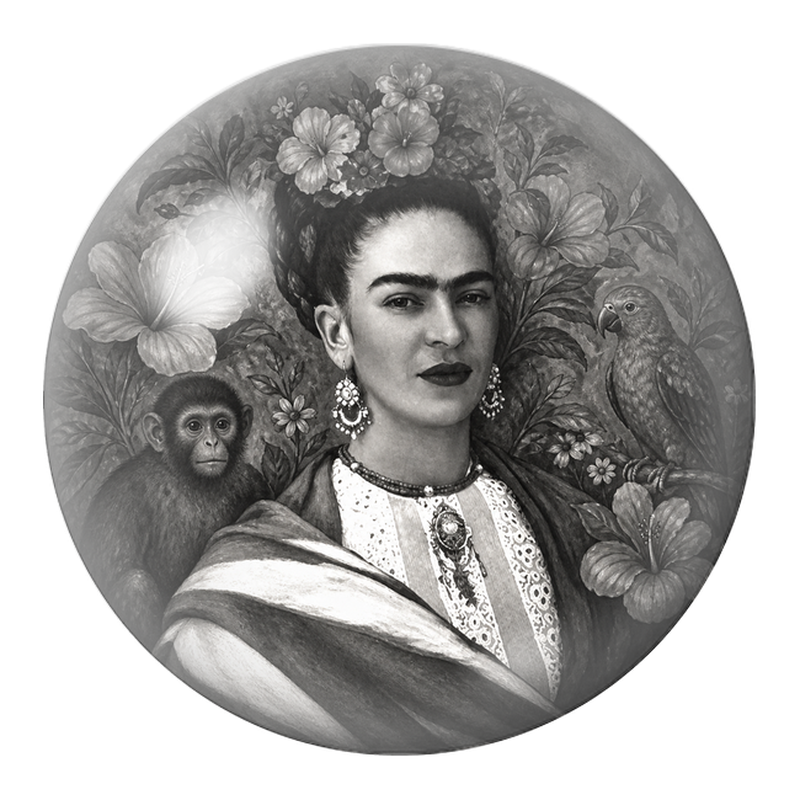 Cabochon en Verre Illustré Frida avec Singe et Perroquet en Noir et Blanc 12 à 25mm