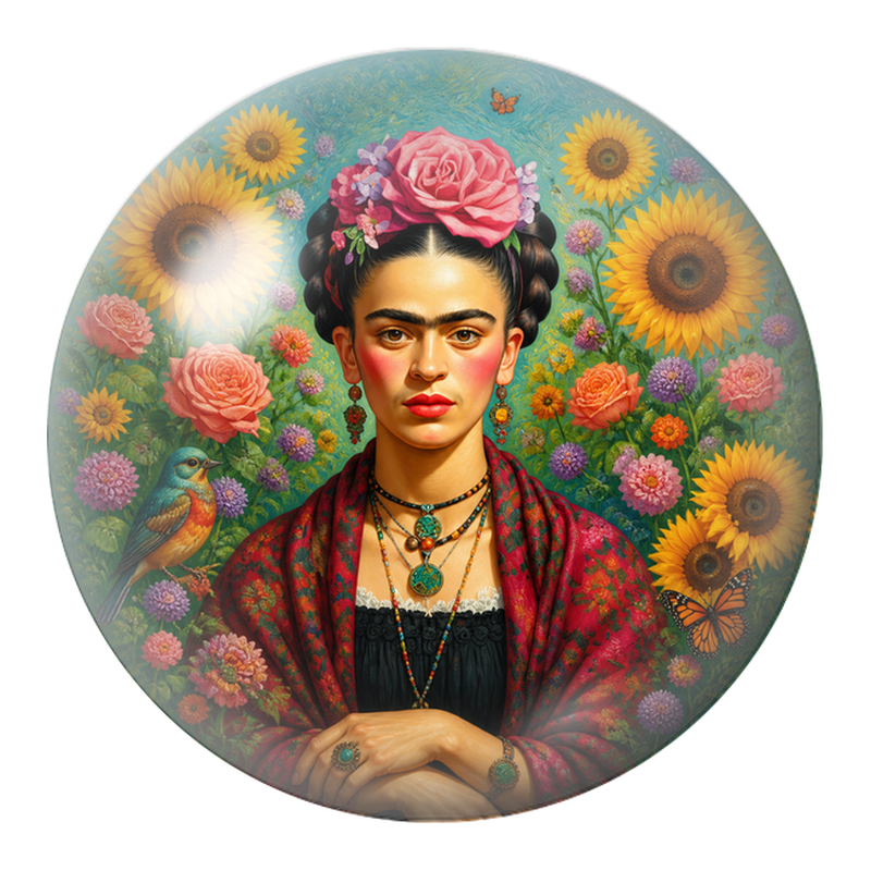 Cabochon en Verre Illustré Frida dans un Jardin de Tournesols 12 à 25mm