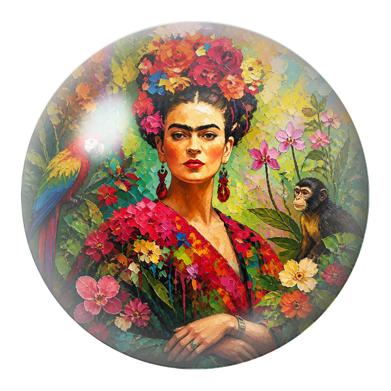 Cabochon en Verre Illustré Frida avec Ara et Jeune Singe en Mosaïque 12 à 25mm