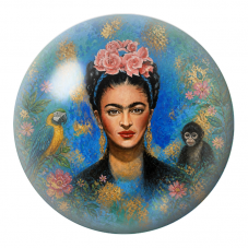 Cabochon en Verre Illustré Frida avec Ara et Jeune Singe sur Fond Bleu 12 à 25mm pour la Création de Bijoux Fantaisie - DIY