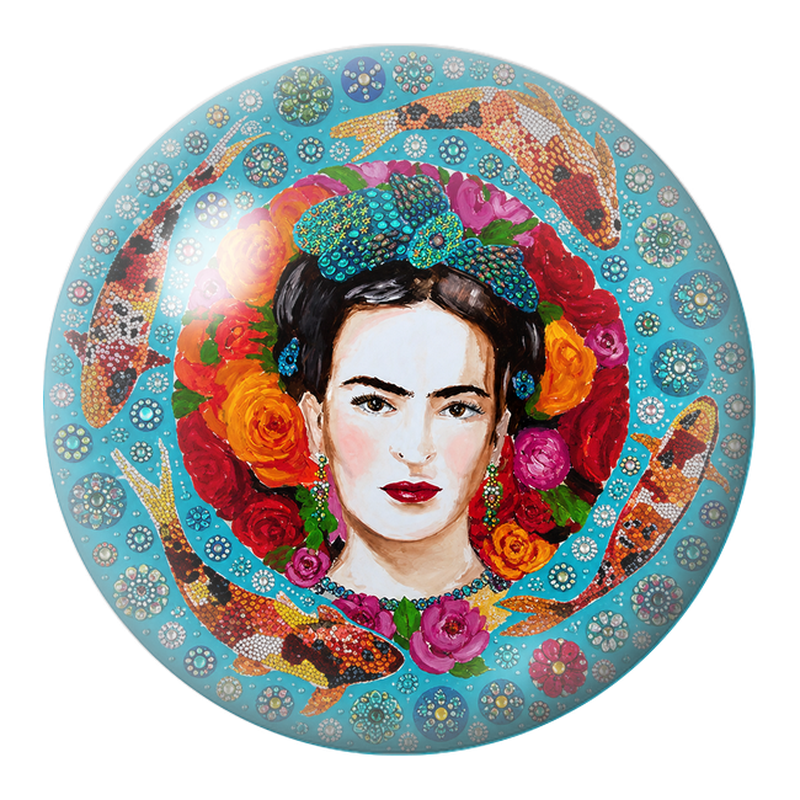 Cabochon en Verre Illustré Frida aux Carpes Koï et Gemmes Turquoise 12 à 25mm