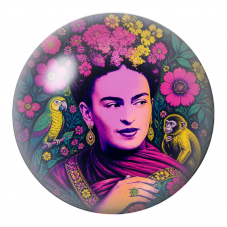 Cabochon en Verre Illustré Frida avec Perroquet et Singe en Rose Néon 12 à 25mm pour la Création de Bijoux Fantaisie - DIY