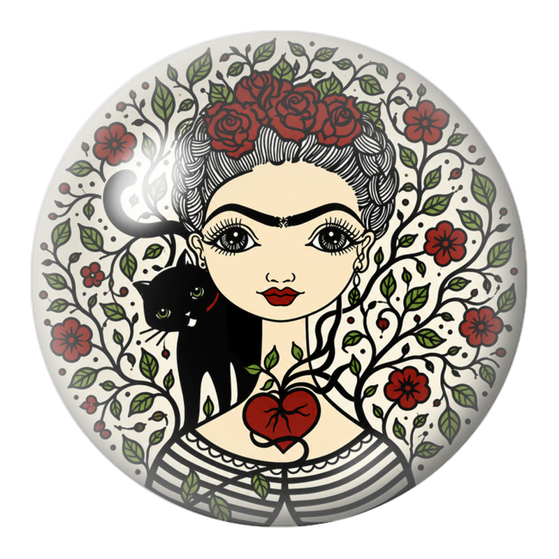 Cabochon en Verre Illustré Frida au Chat Noir et Cœur Rouge 12 à 25mm