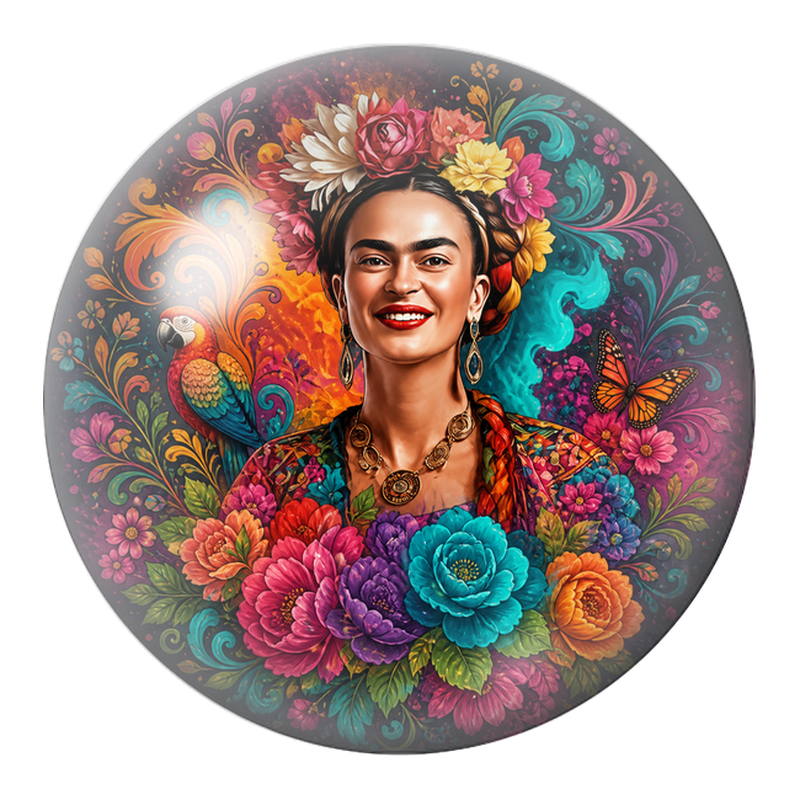 Cabochon en Verre Illustré Frida Souriant avec Ara et Papillon 12 à 25mm