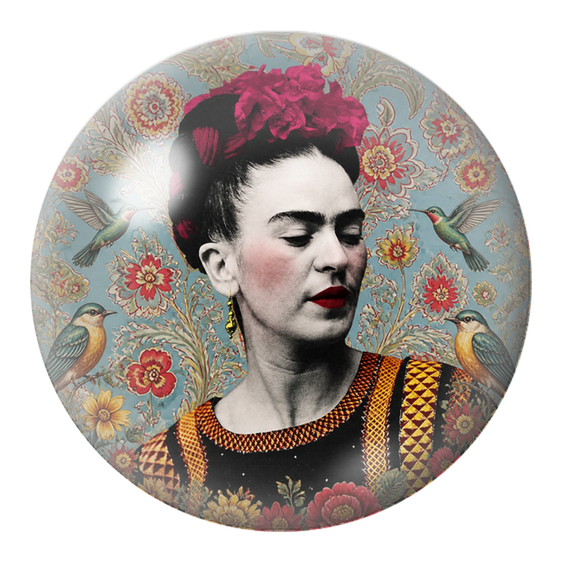 Cabochon en Verre Illustré Frida aux Colibris sur Papier Peint Fleuri 12 à 25mm